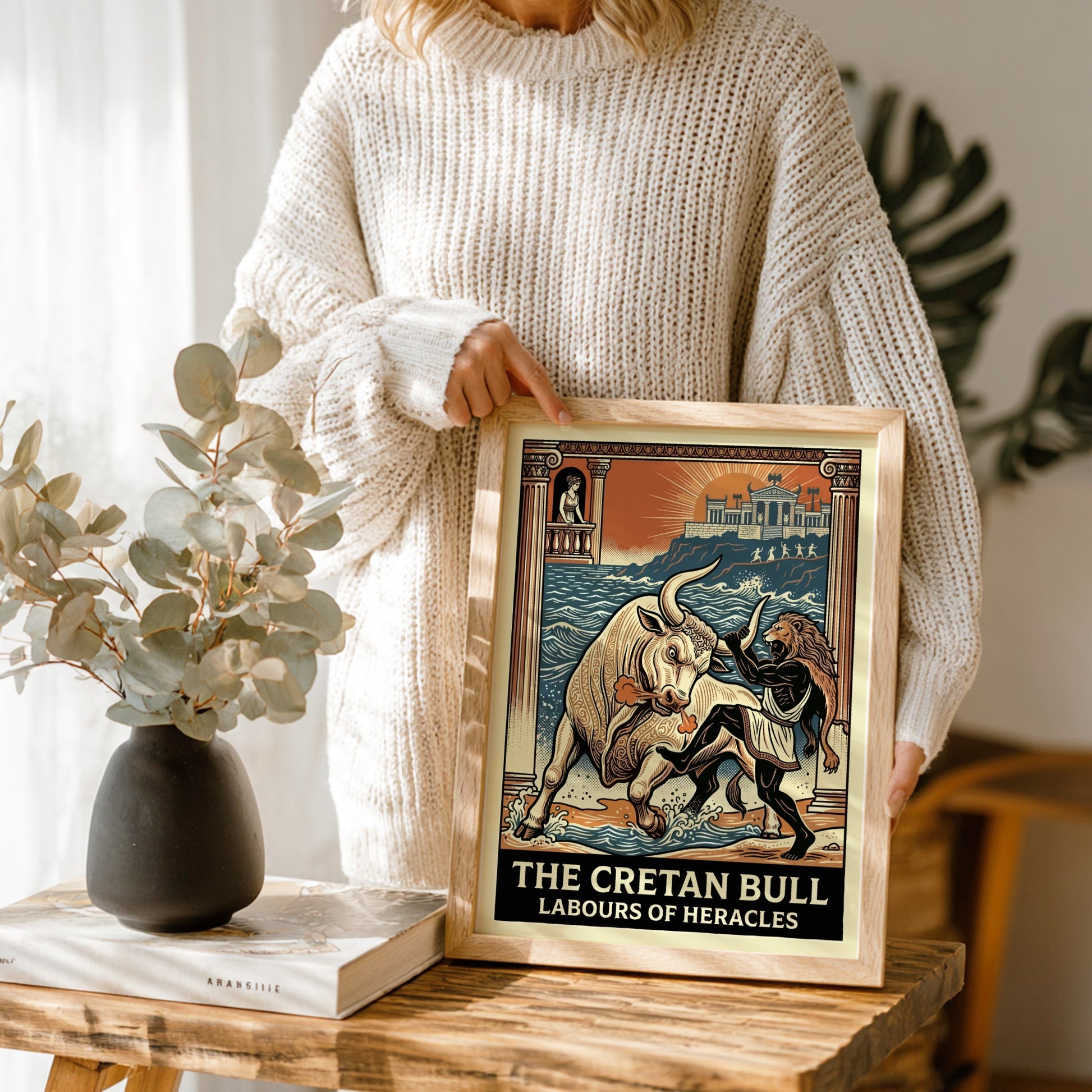 Poster of the Cretan Bull and Heracles from Greek mythology, featuring a stylized illustration and vibrant