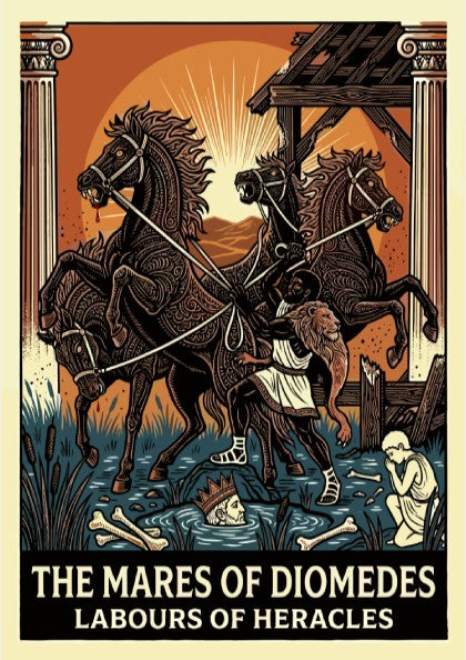 Poster of the Mares of Diomedes, a Greek mythology scene with horses and Heracles, in a bold, stylized art
