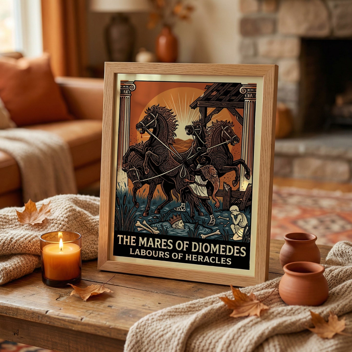 Poster of the Mares of Diomedes, a Greek mythology scene with horses and Heracles, in a bold, stylized art