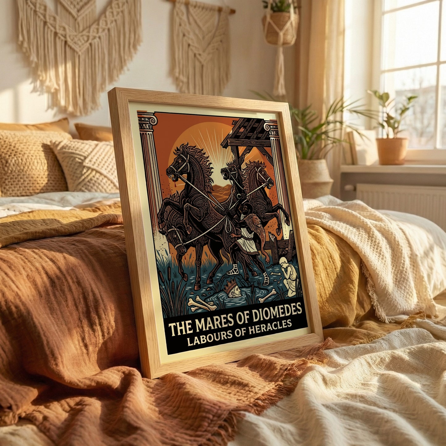 Poster of the Mares of Diomedes, a Greek mythology scene with horses and Heracles, in a bold, stylized art