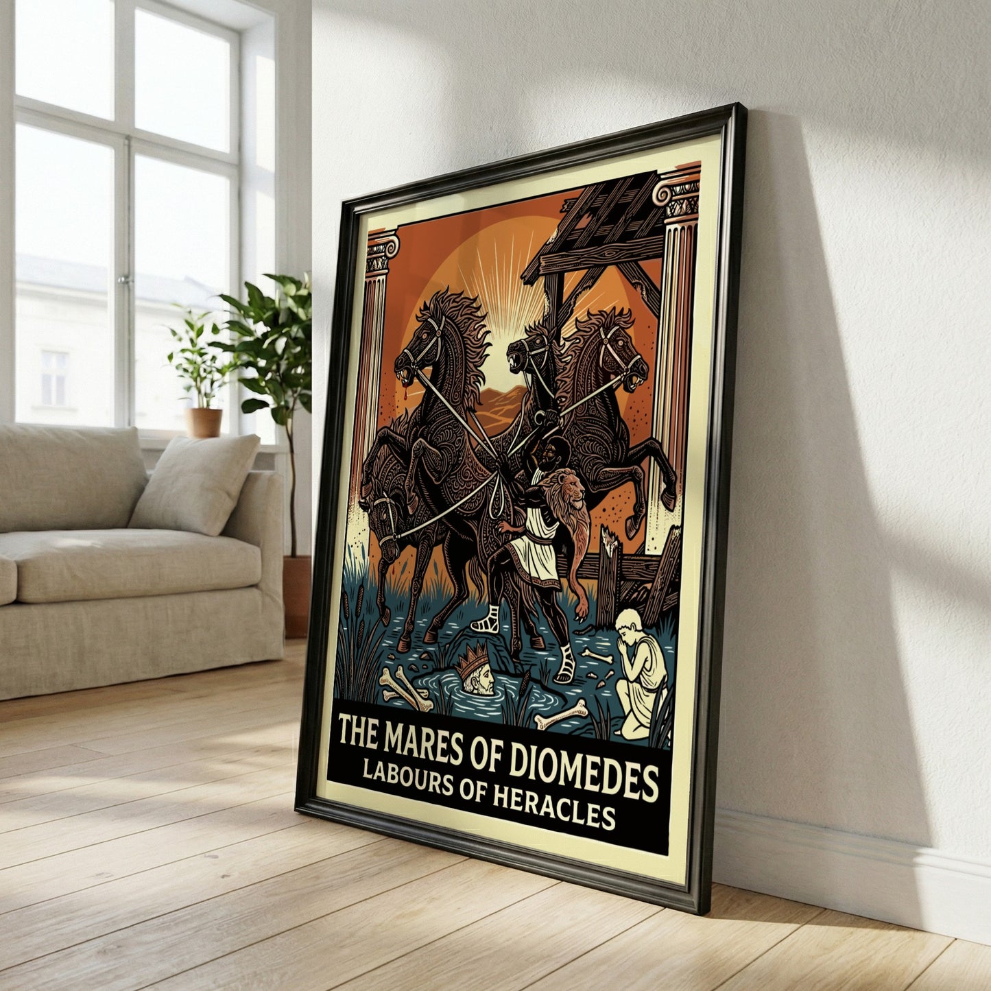 Poster of the Mares of Diomedes, a Greek mythology scene with horses and Heracles, in a bold, stylized art
