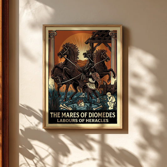 Poster of the Mares of Diomedes, a Greek mythology scene with horses and Heracles, in a bold, stylized art