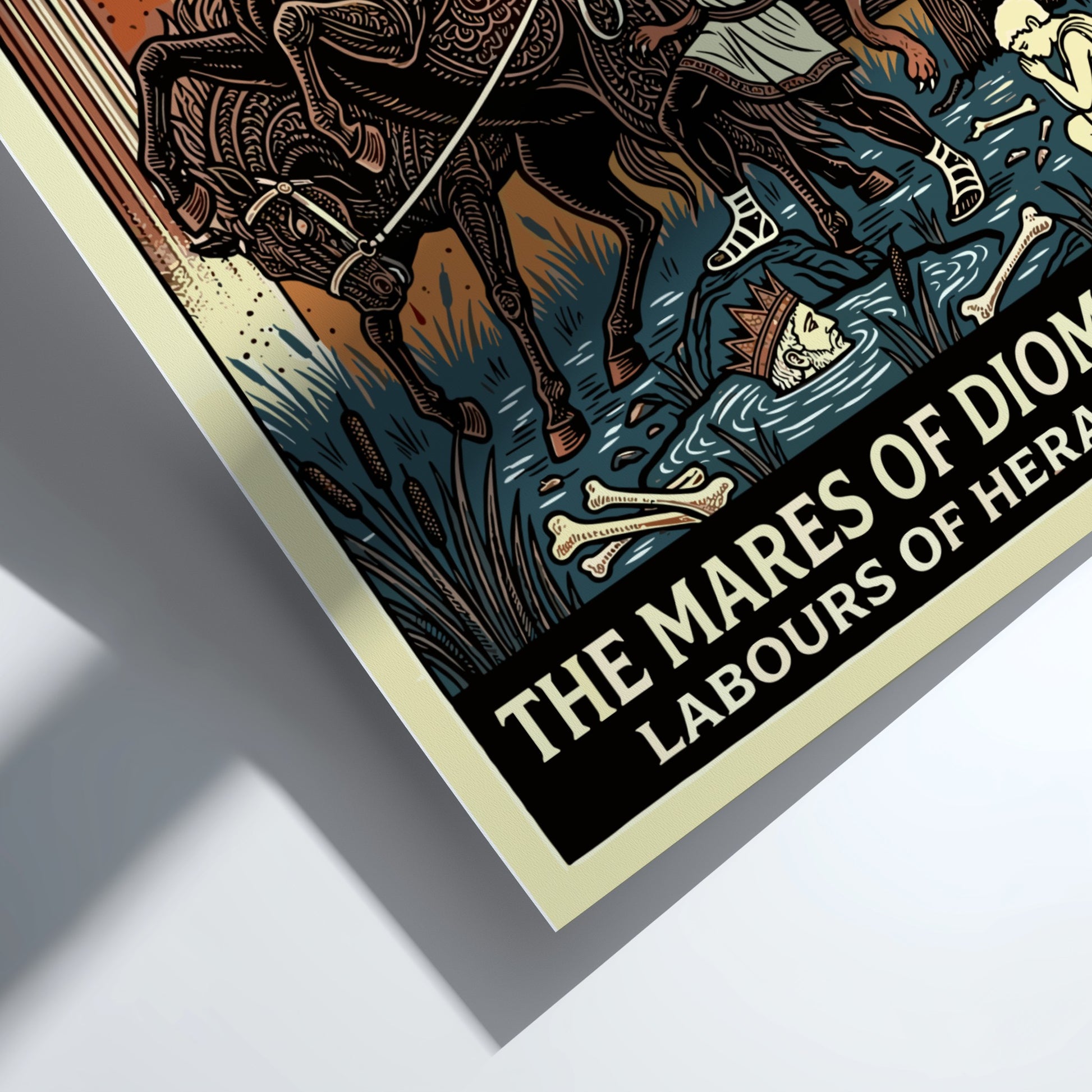 Poster of the Mares of Diomedes, a Greek mythology scene with horses and Heracles, in a bold, stylized art
