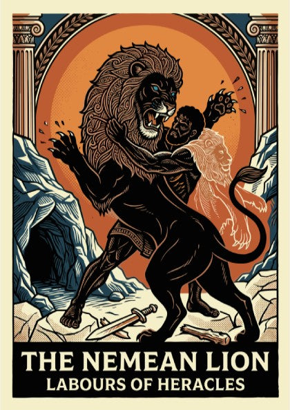 Nemean Lion poster featuring Heracles wrestling a lion, in a bold graphic style with an orange sun.