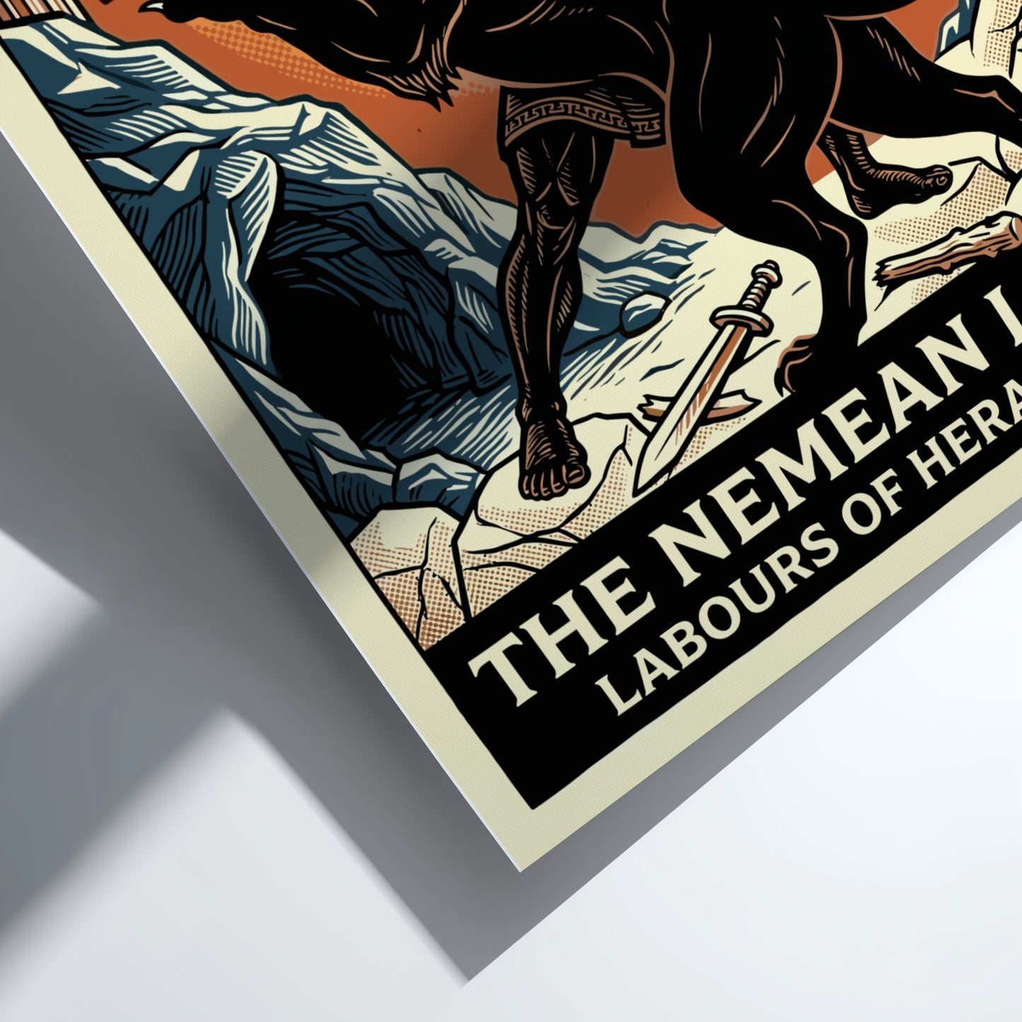Nemean Lion poster featuring Heracles wrestling a lion, in a bold graphic style with an orange sun.