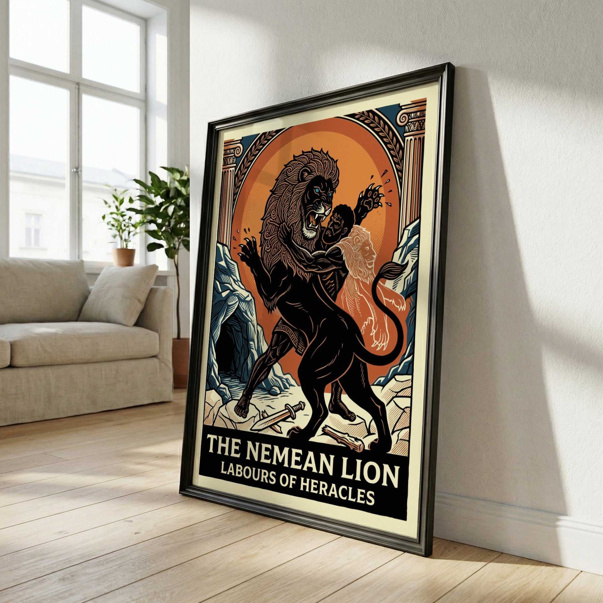 Nemean Lion poster featuring Heracles wrestling a lion, in a bold graphic style with an orange sun.