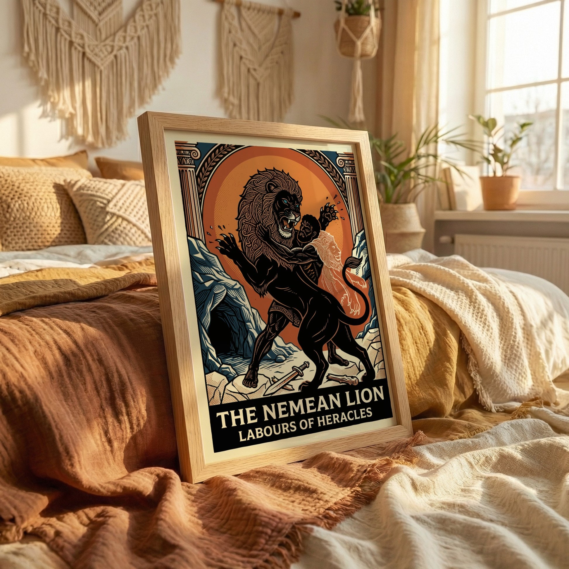 Nemean Lion poster featuring Heracles wrestling a lion, in a bold graphic style with an orange sun.
