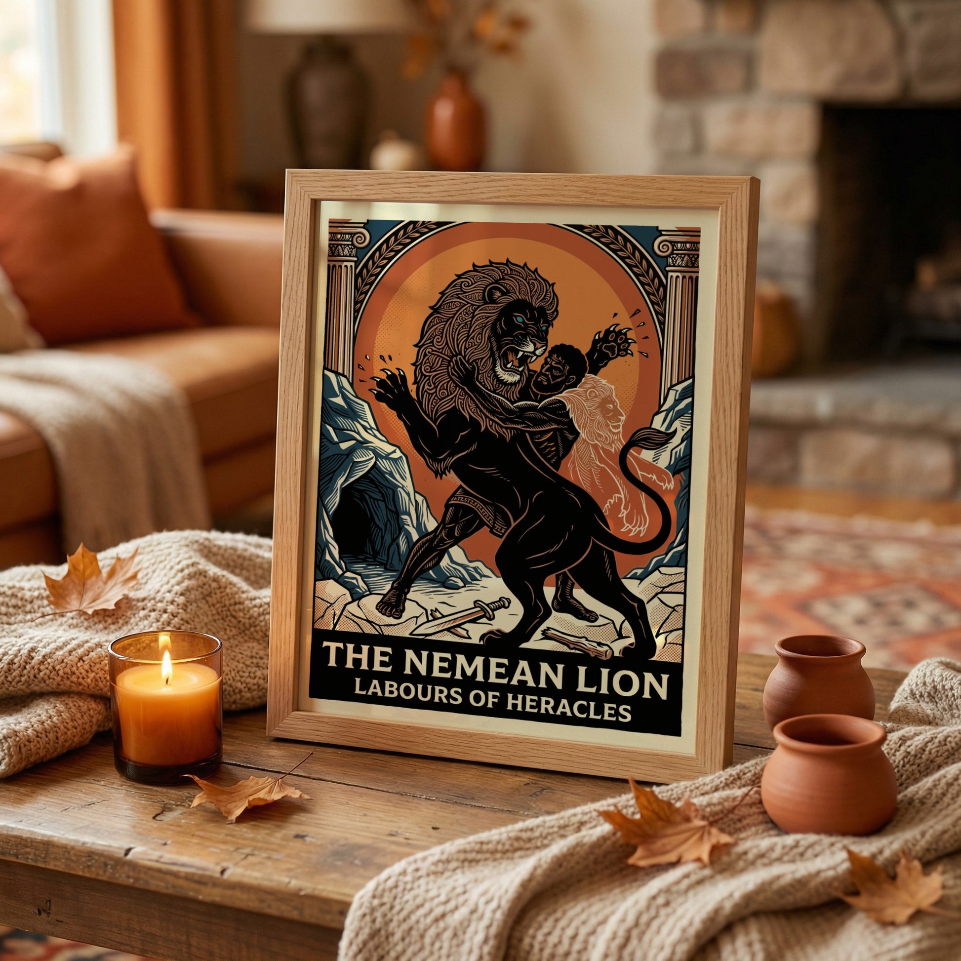 Nemean Lion poster featuring Heracles wrestling a lion, in a bold graphic style with an orange sun.