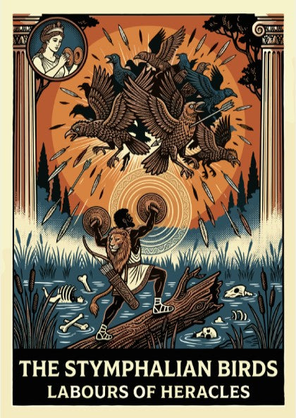 Stymphalian Birds poster featuring Heracles and mythical birds in a bold, illustrative style. Greek mythology