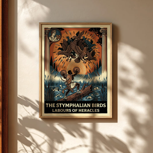 Stymphalian Birds poster featuring Heracles and mythical birds in a bold, illustrative style. Greek mythology