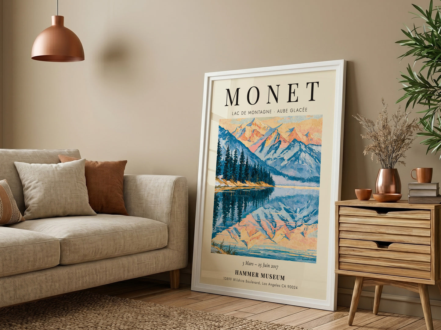 Monet inspired poster featuring a serene mountain lake at dawn with soft blue and pink hues.