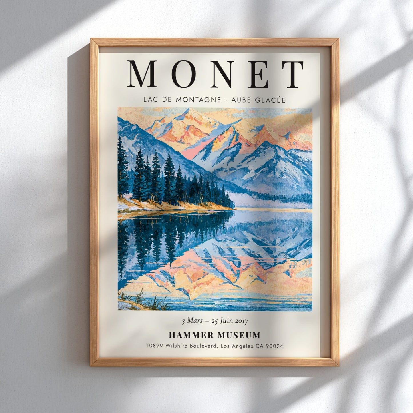 Monet inspired poster featuring a serene mountain lake at dawn with soft blue and pink hues.
