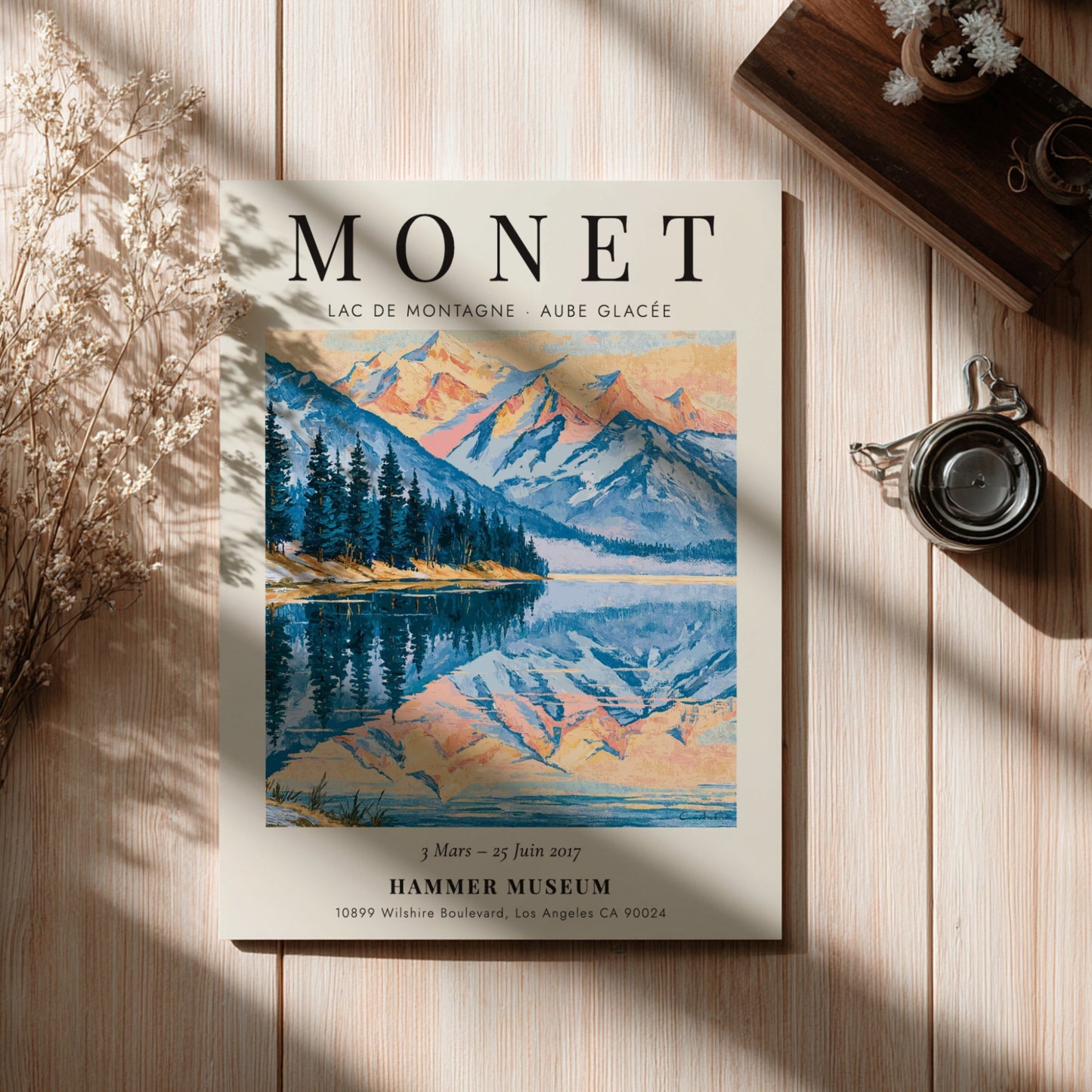 Monet inspired poster featuring a serene mountain lake at dawn with soft blue and pink hues.