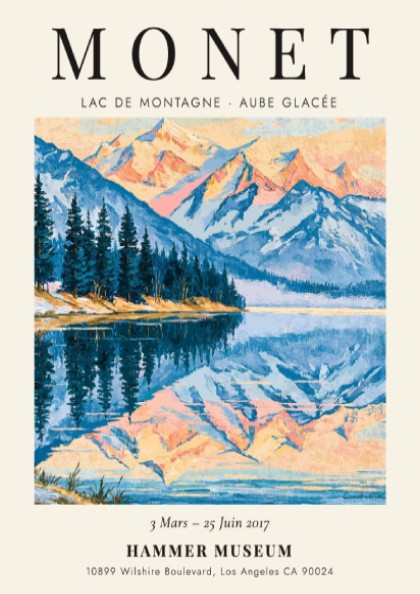 Monet inspired poster featuring a serene mountain lake at dawn with soft blue and pink hues.