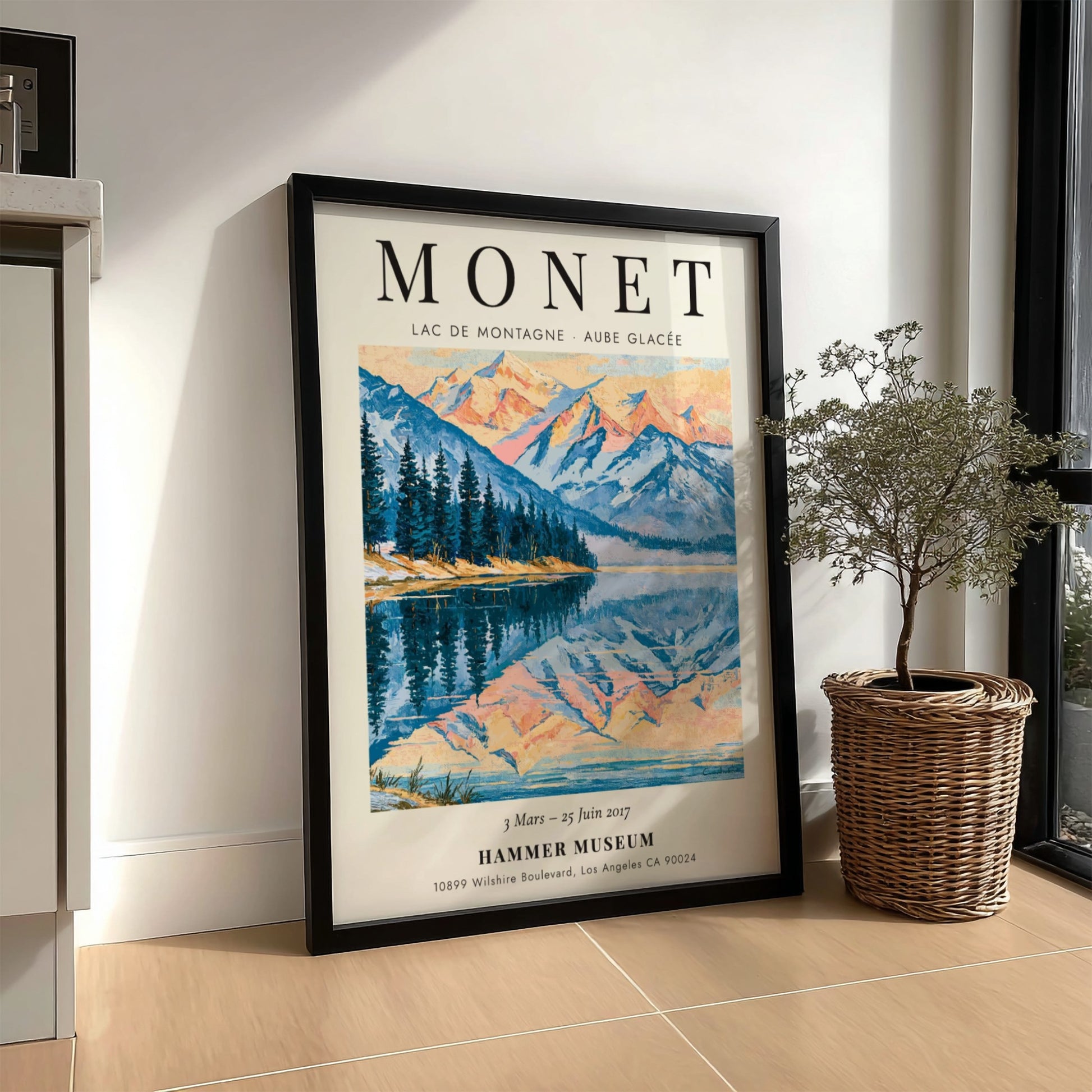 Monet inspired poster featuring a serene mountain lake at dawn with soft blue and pink hues.