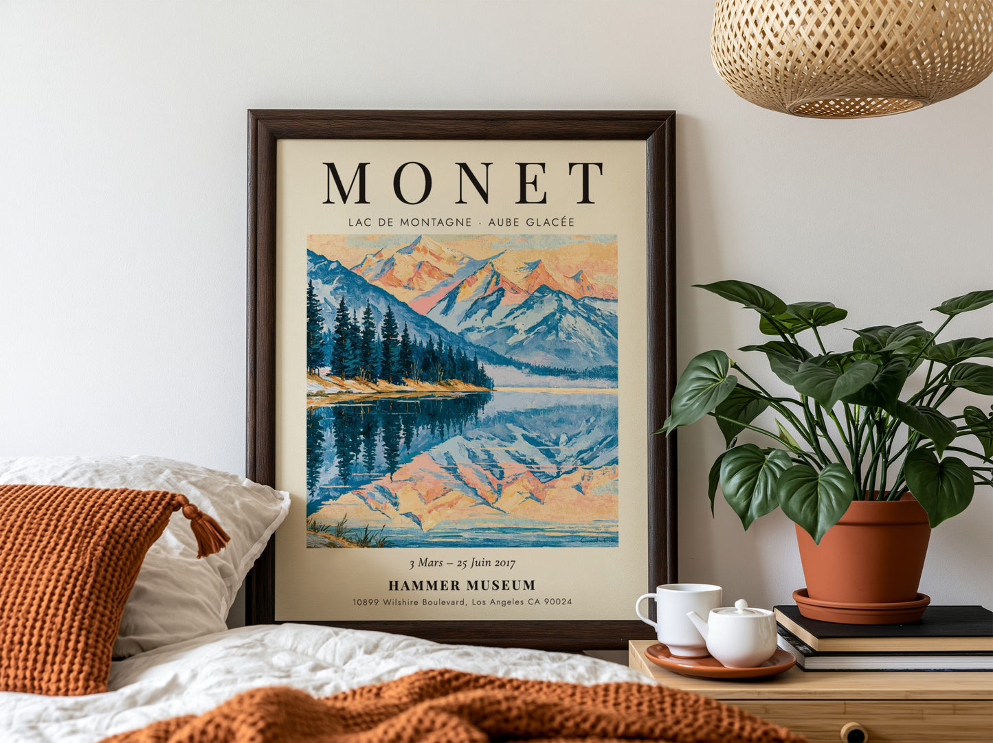 Monet inspired poster featuring a serene mountain lake at dawn with soft blue and pink hues.