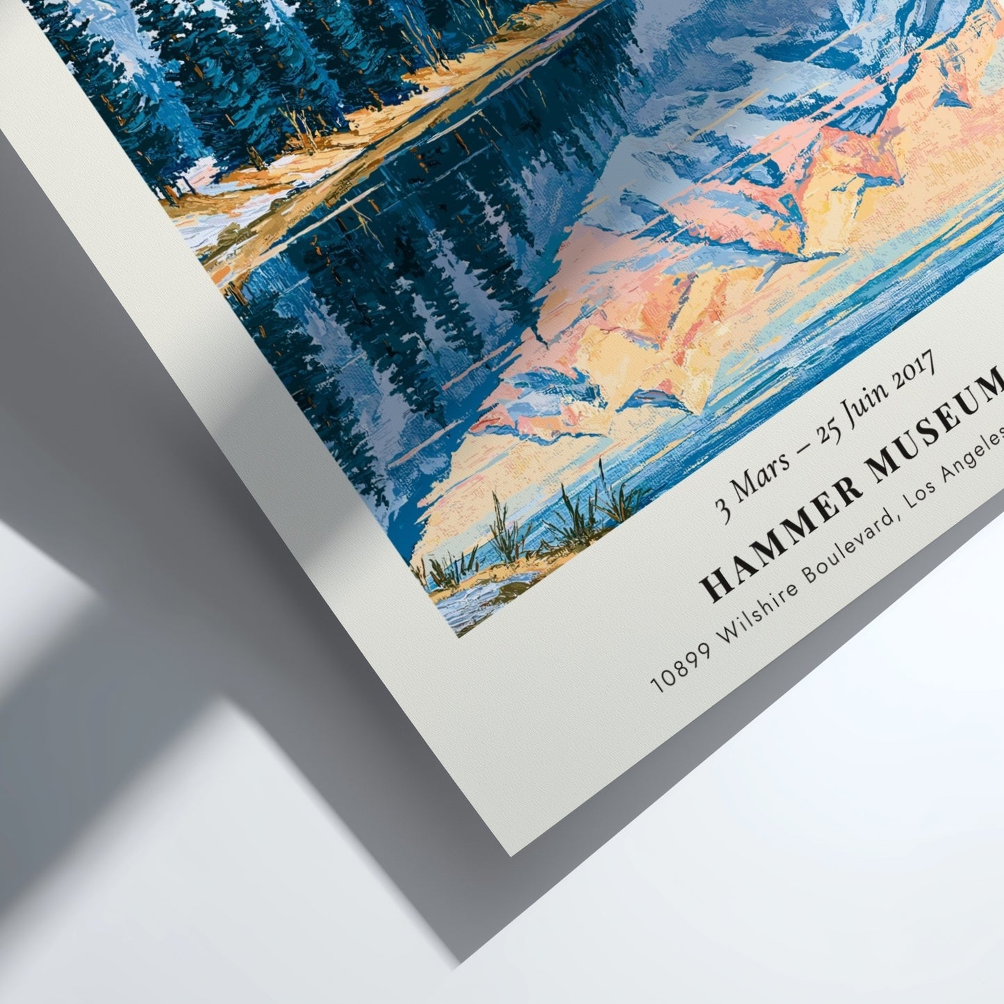 Monet inspired poster featuring a serene mountain lake at dawn with soft blue and pink hues.