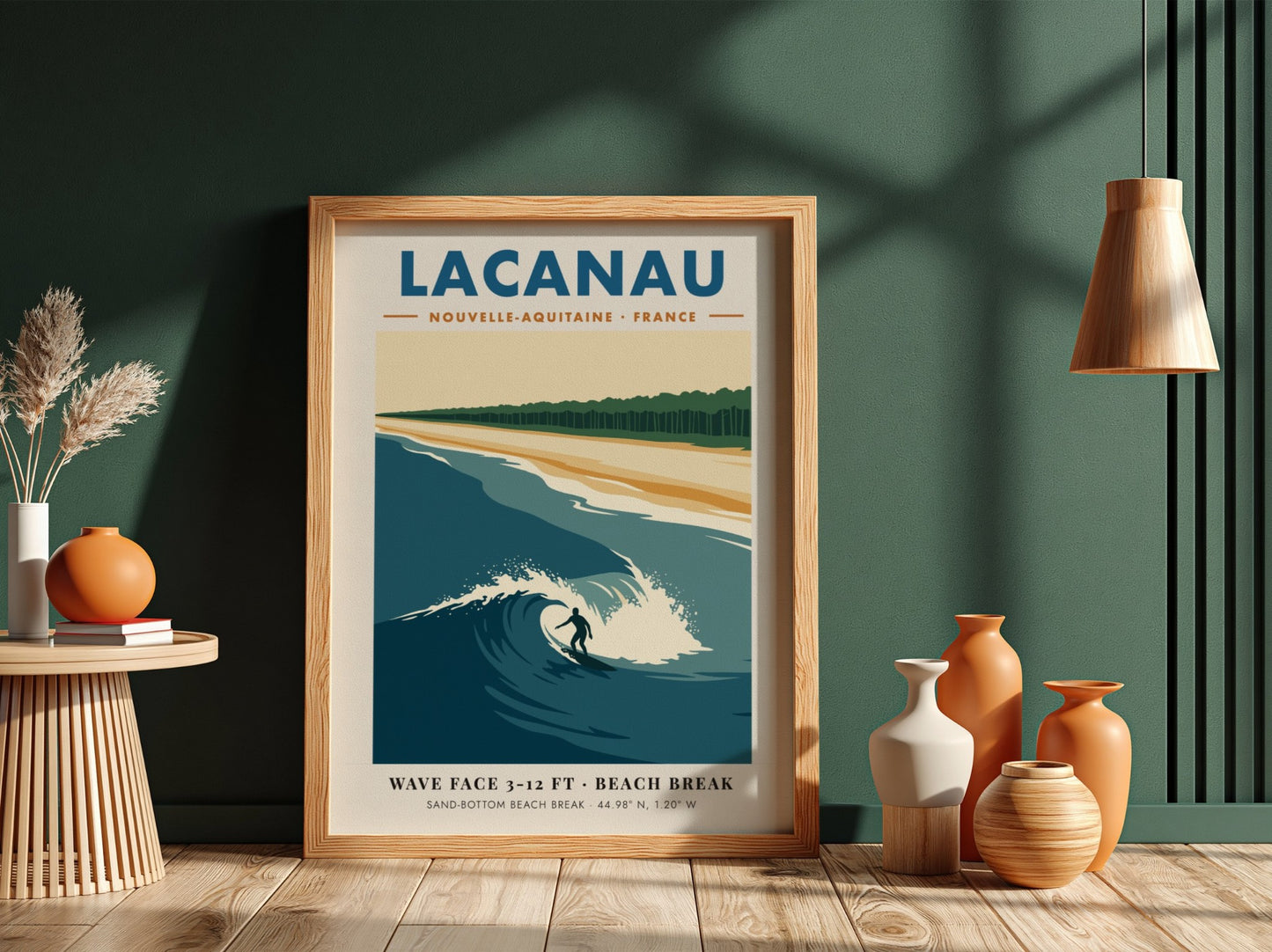 Lacanau travel poster featuring a surfer on a wave with pine forest background