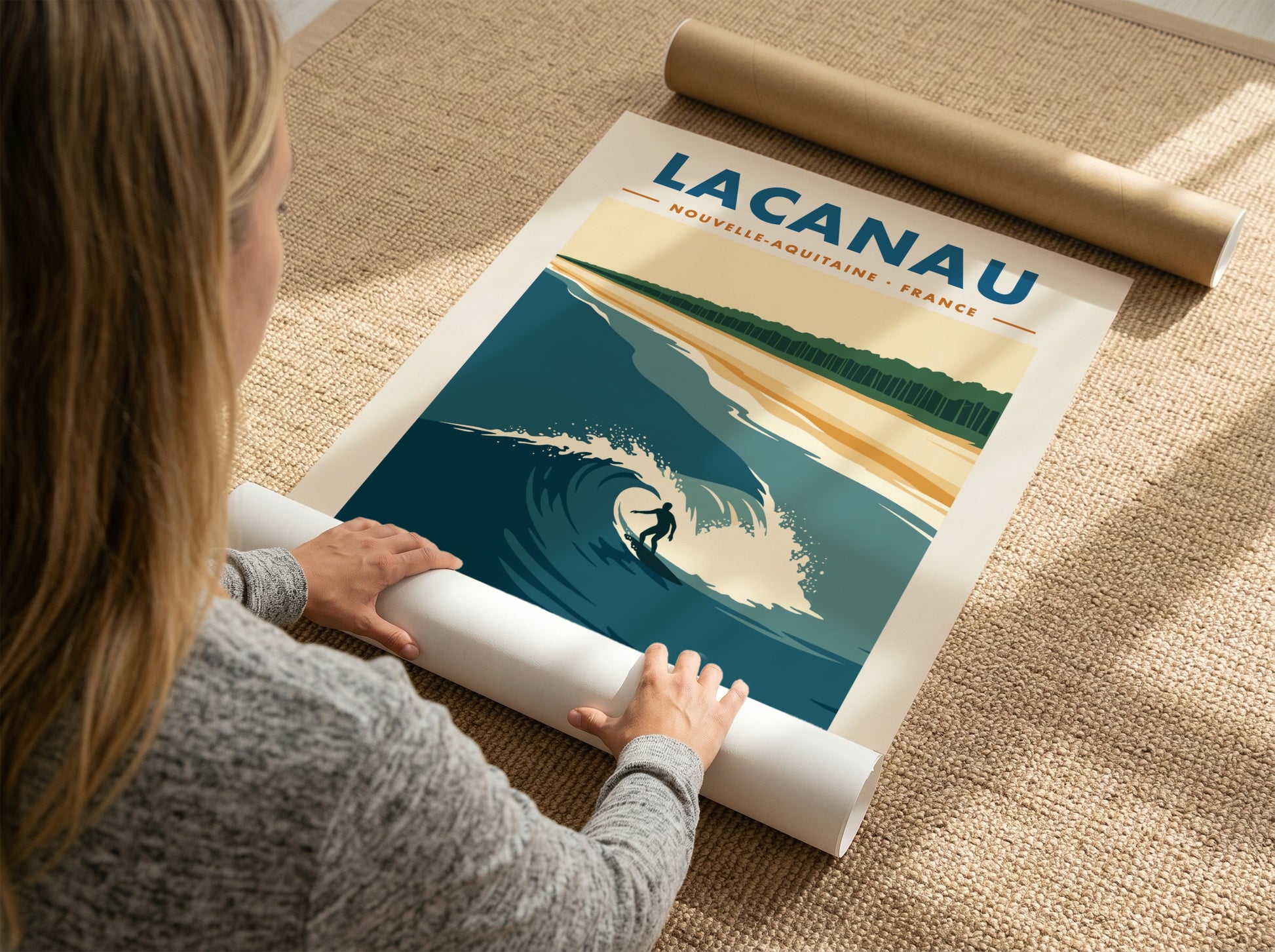 Lacanau travel poster featuring a surfer on a wave with pine forest background