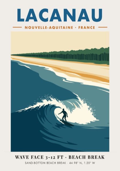 Lacanau travel poster featuring a surfer on a wave with pine forest background