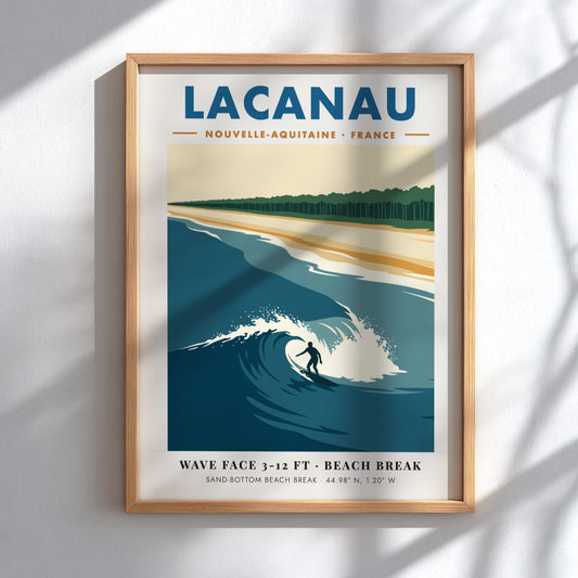 Lacanau travel poster featuring a surfer on a wave with pine forest background