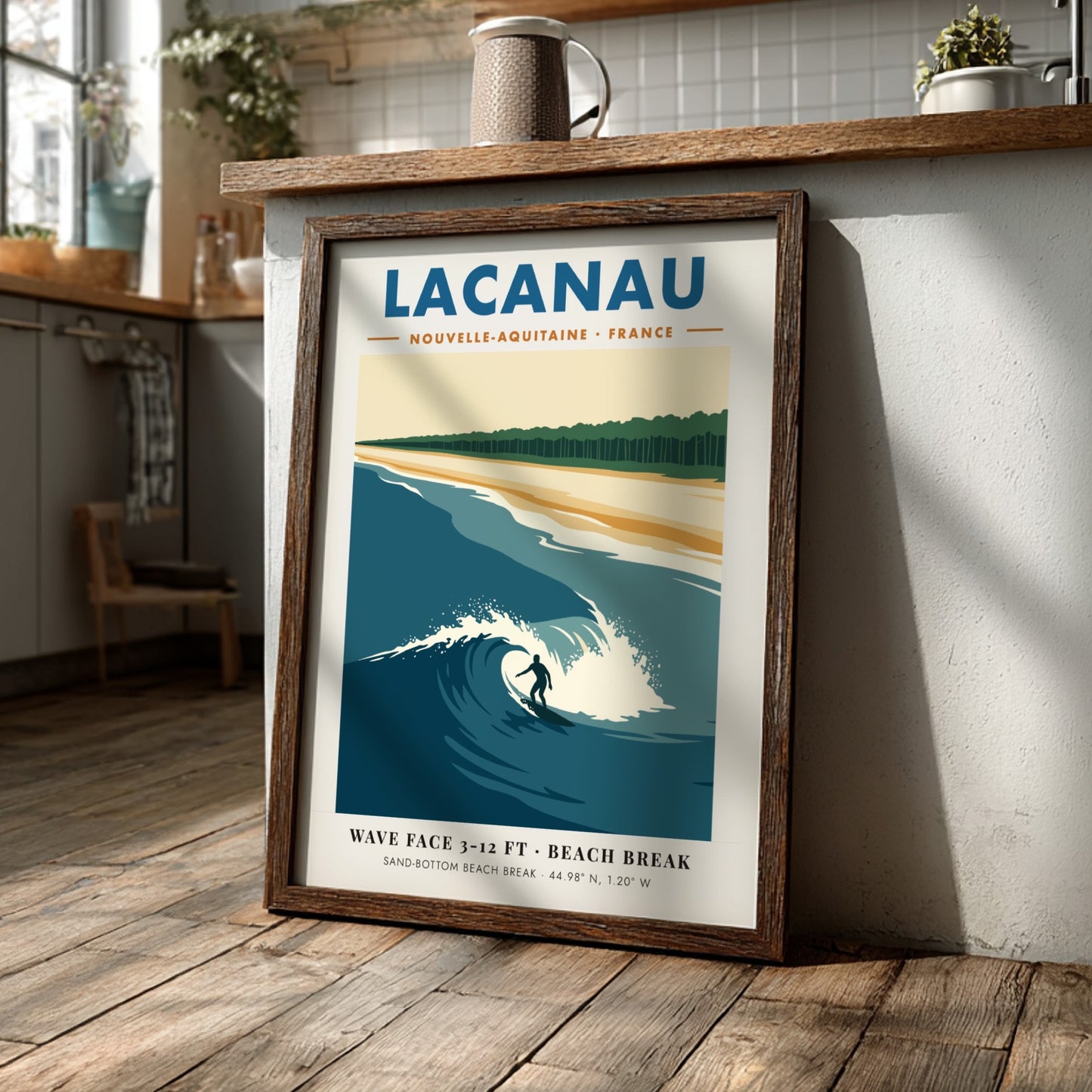Lacanau travel poster featuring a surfer on a wave with pine forest background