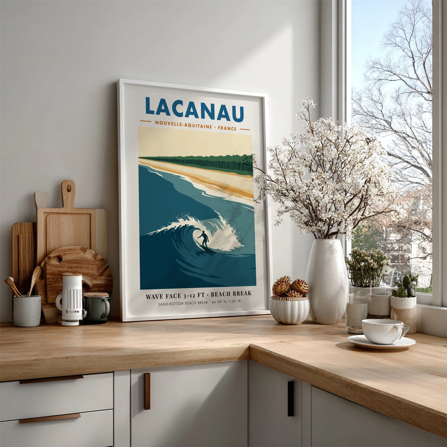 Lacanau travel poster featuring a surfer on a wave with pine forest background