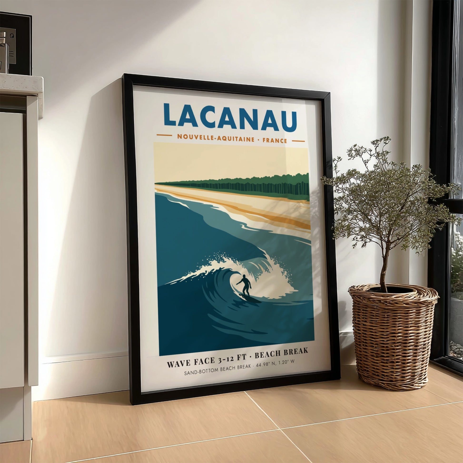 Lacanau travel poster featuring a surfer on a wave with pine forest background