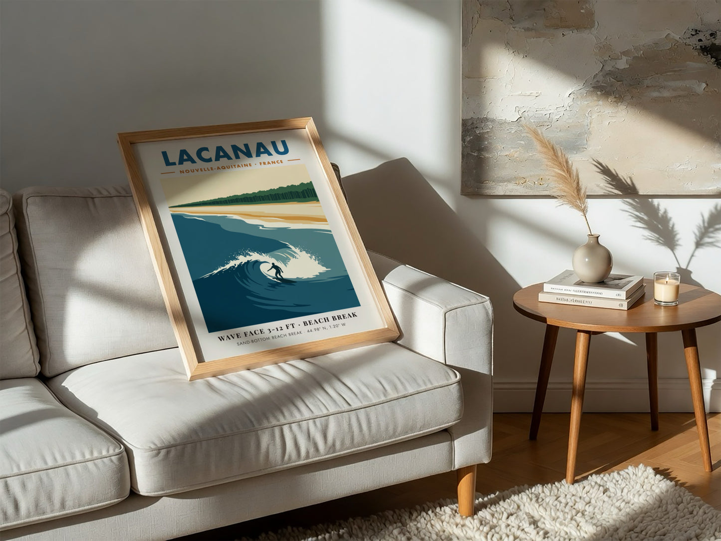 Lacanau travel poster featuring a surfer on a wave with pine forest background