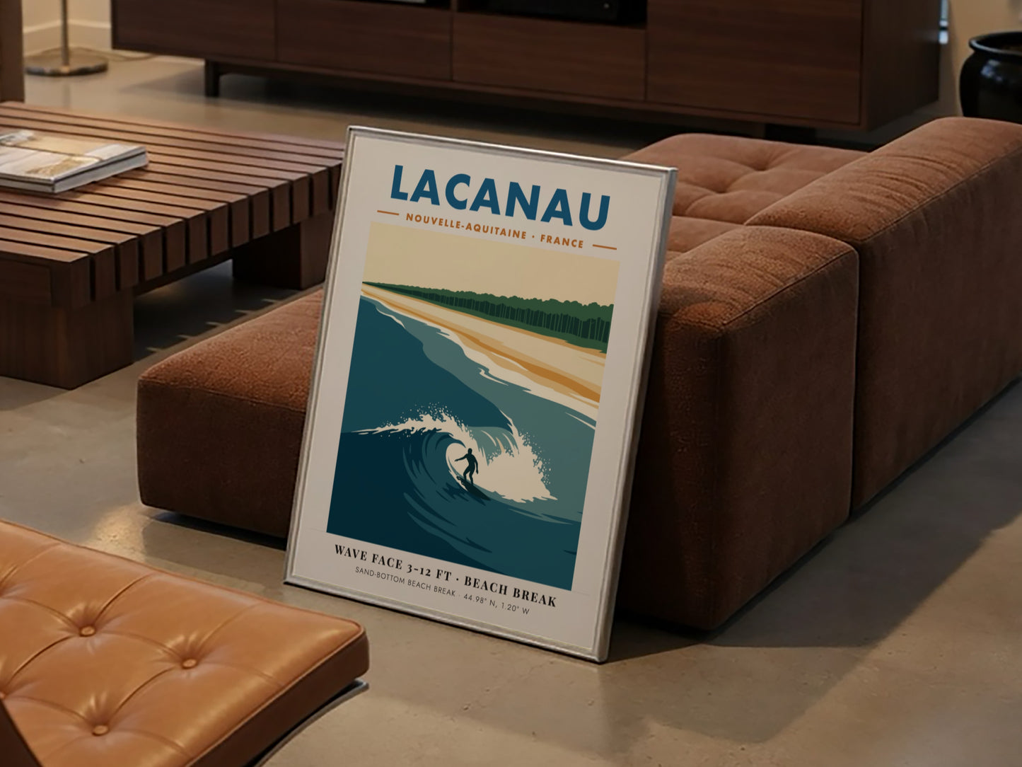 Lacanau travel poster featuring a surfer on a wave with pine forest background