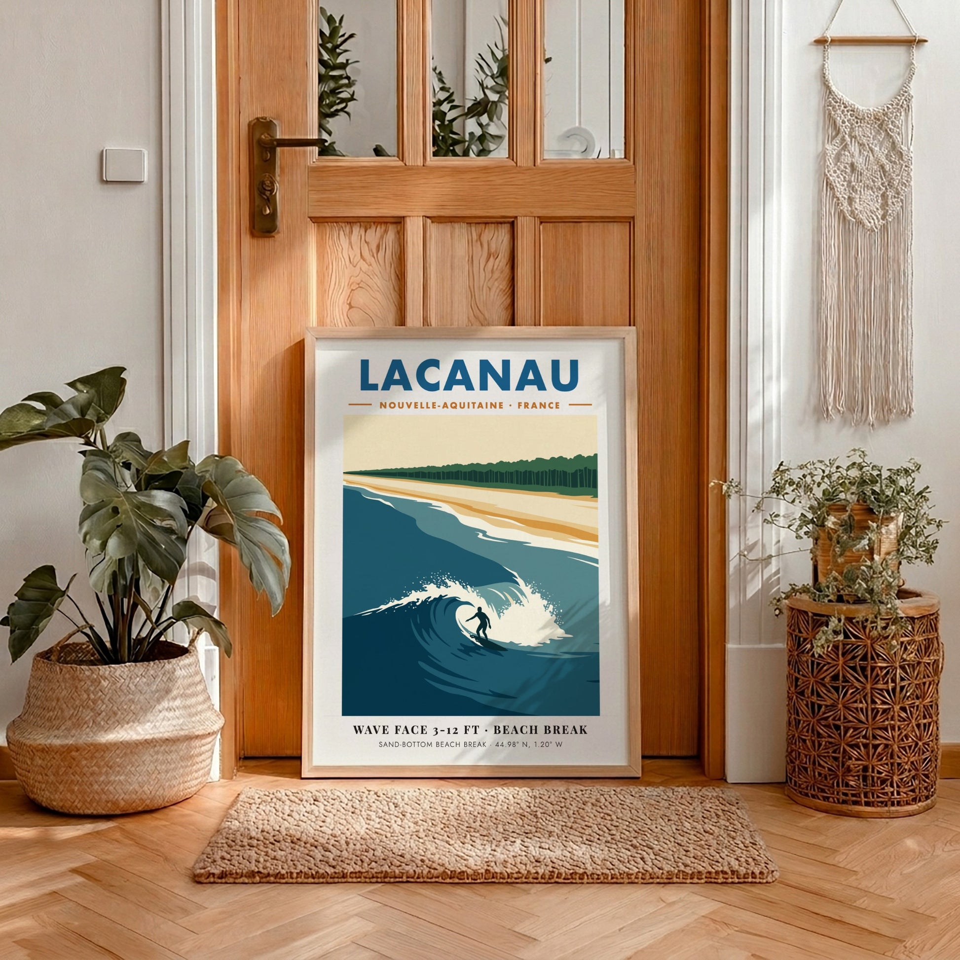 Lacanau travel poster featuring a surfer on a wave with pine forest background