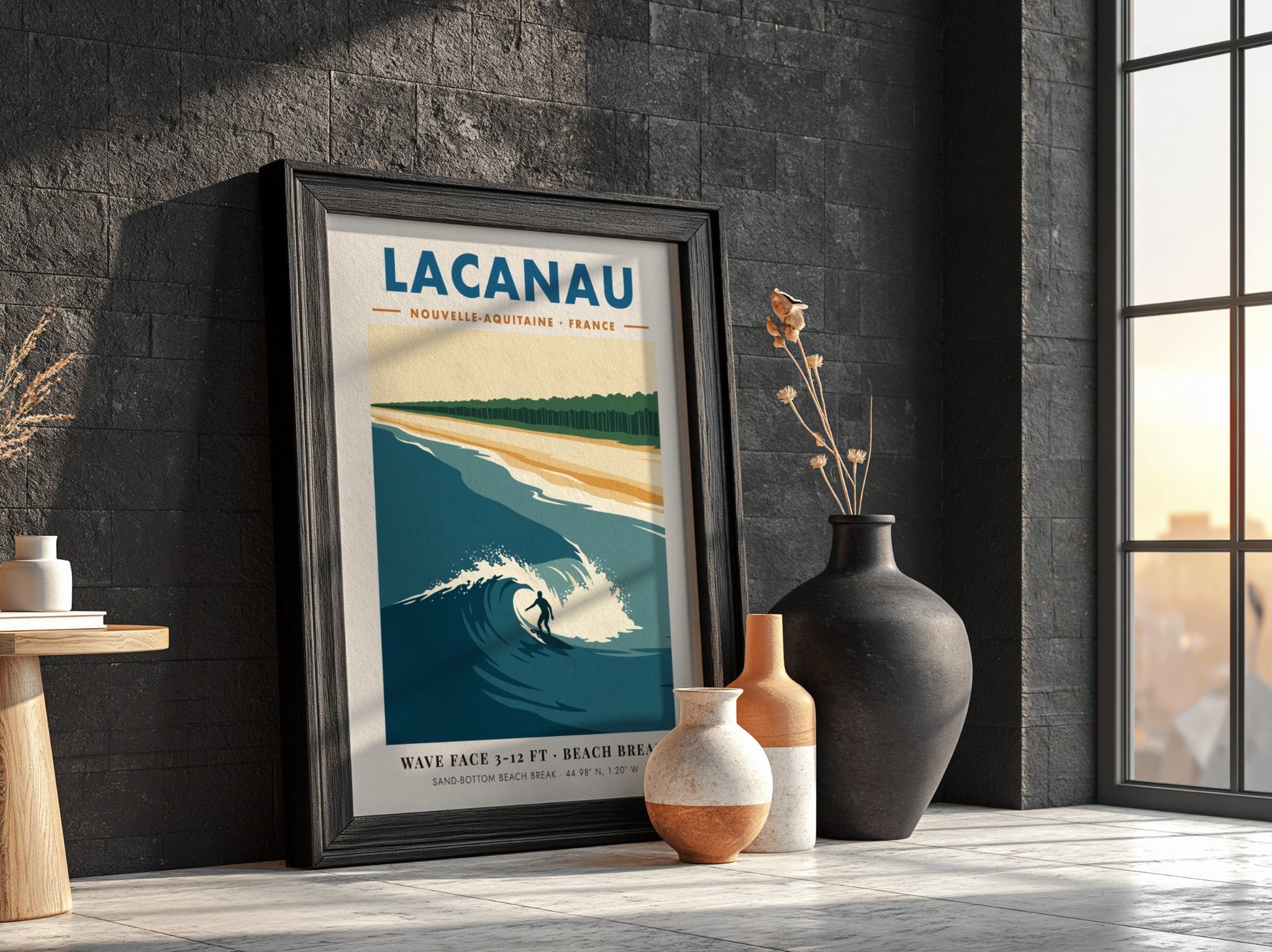 Lacanau travel poster featuring a surfer on a wave with pine forest background
