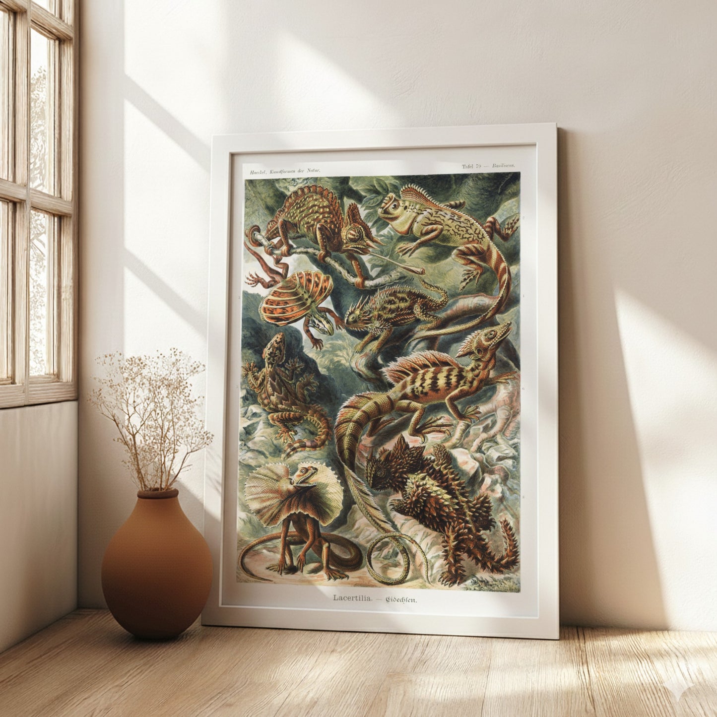 Vintage art poster featuring a detailed illustration of various lizards, known as Lacertilia, in earthy tones.