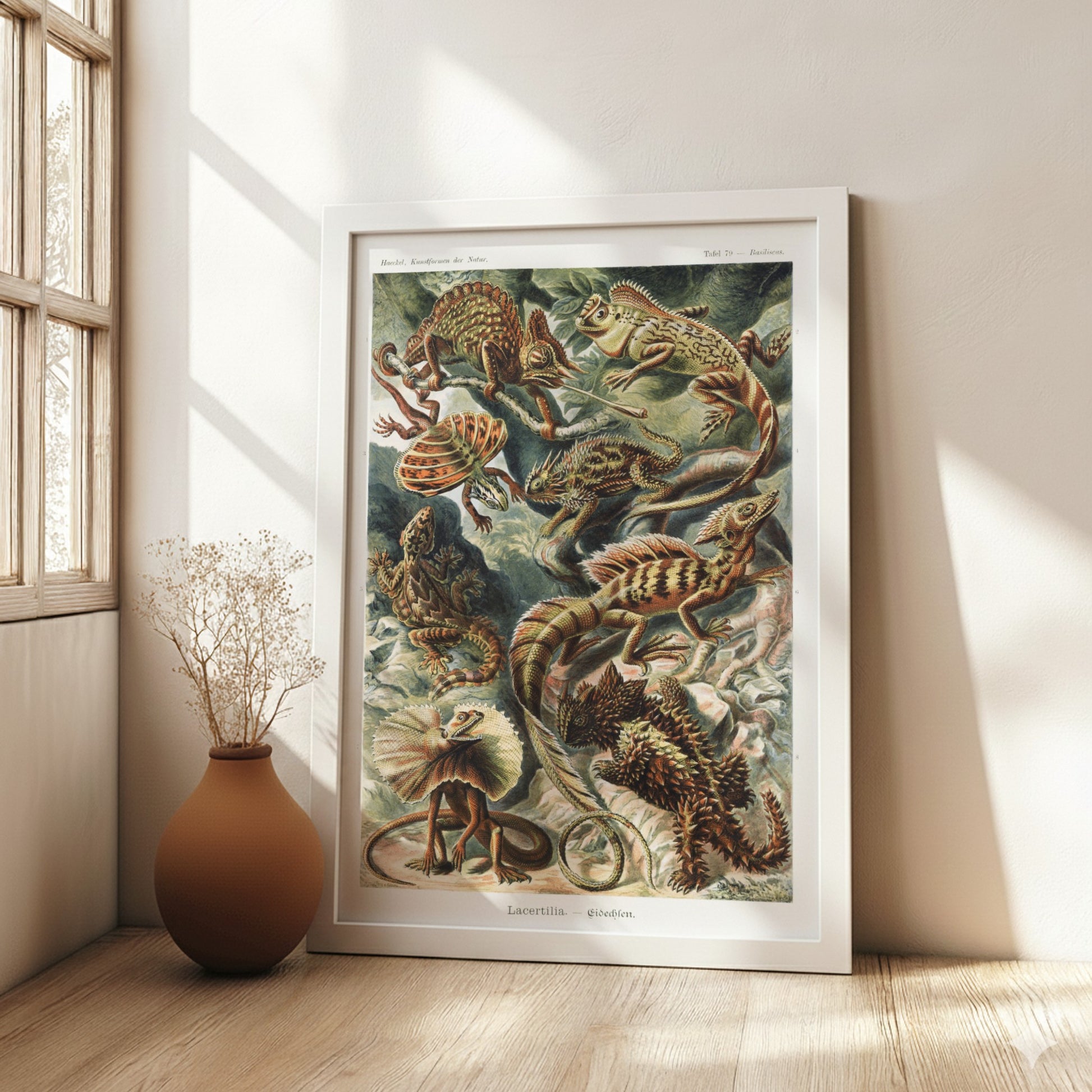 Vintage art poster featuring a detailed illustration of various lizards, known as Lacertilia, in earthy tones.
