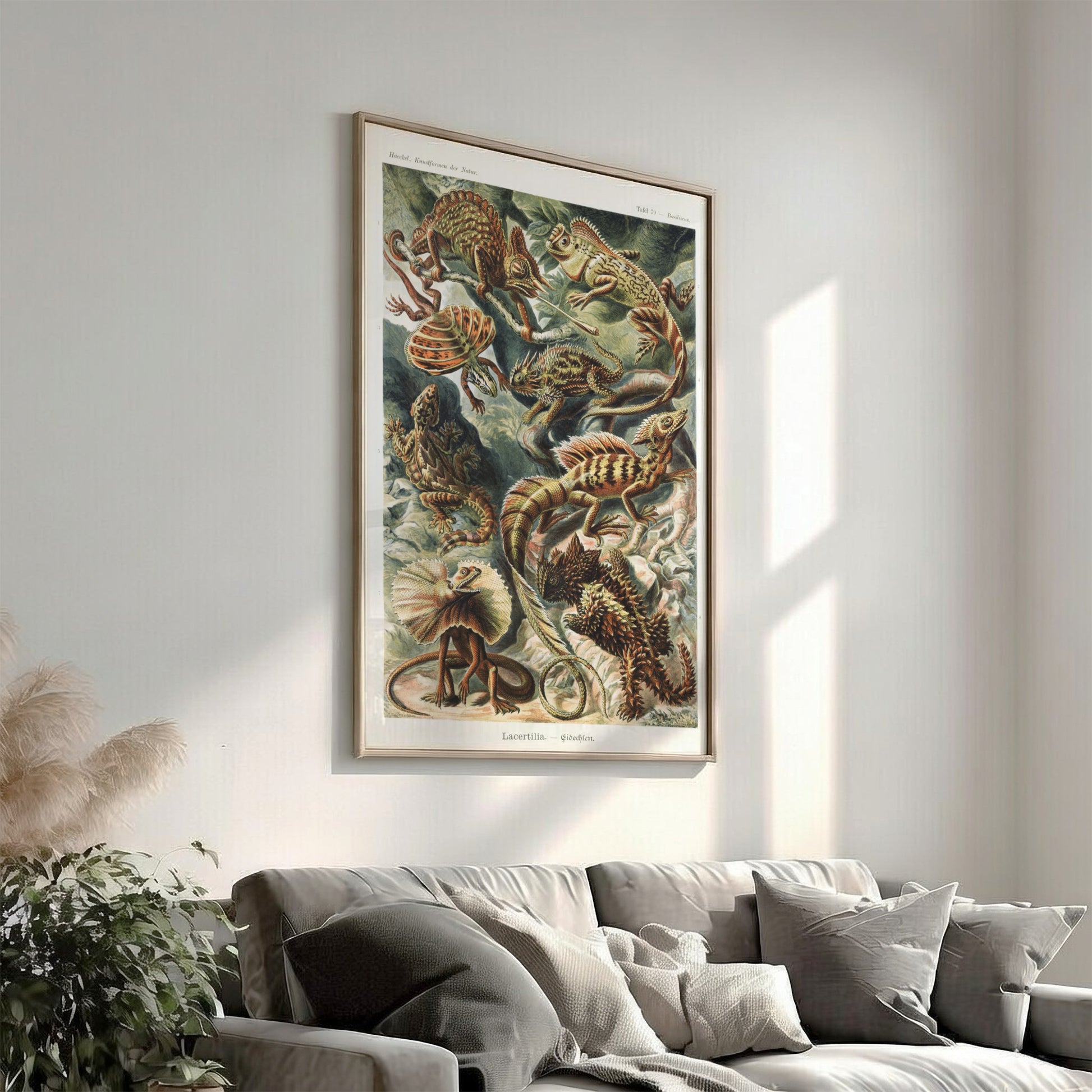 Vintage art poster featuring a detailed illustration of various lizards, known as Lacertilia, in earthy tones.