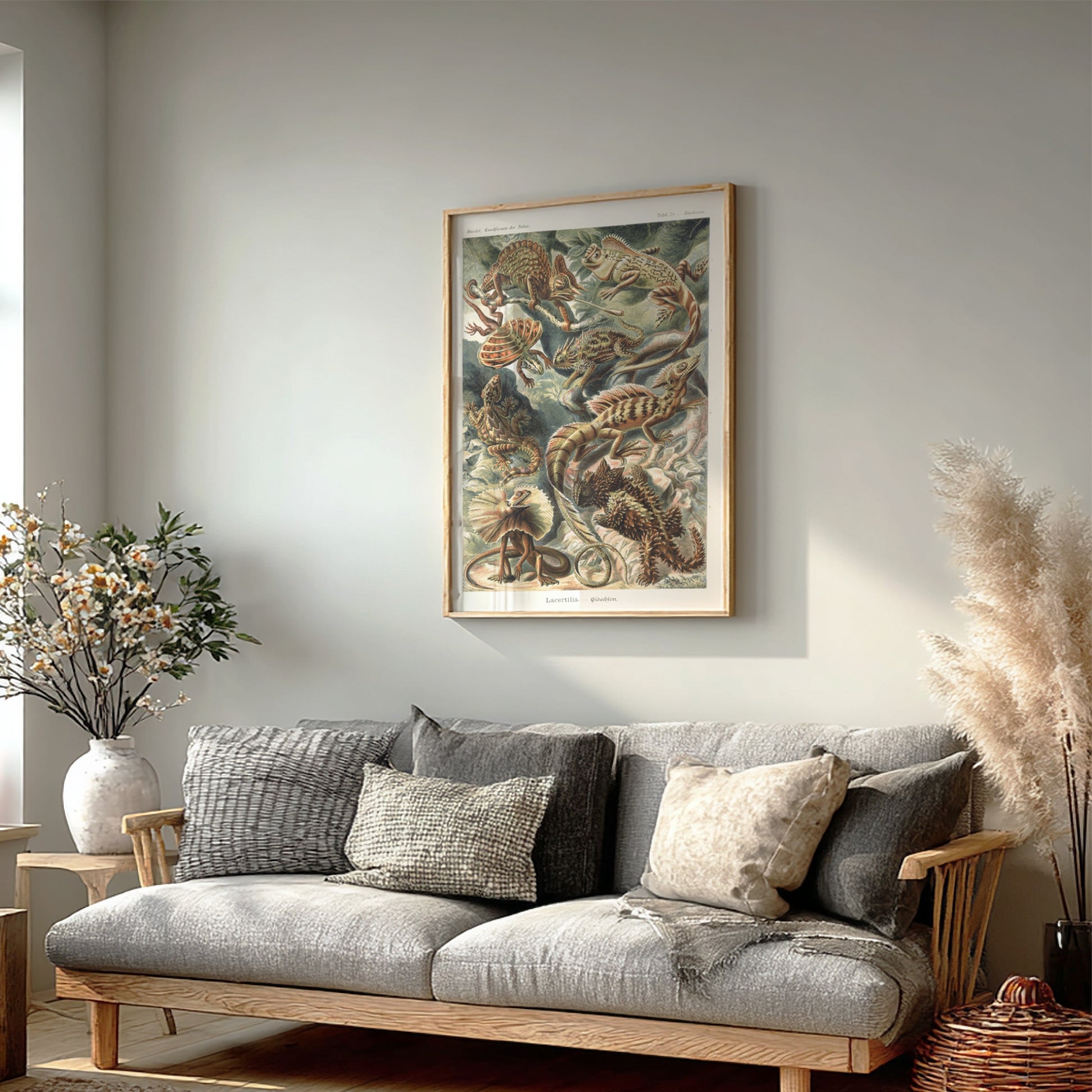 Vintage art poster featuring a detailed illustration of various lizards, known as Lacertilia, in earthy tones.