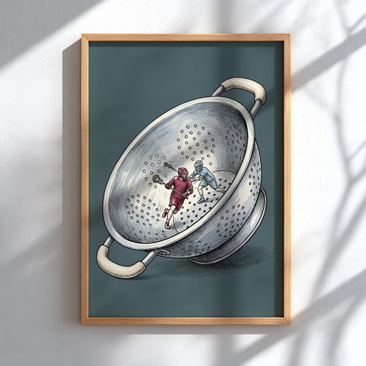 Poster featuring two lacrosse players competing inside a large silver kitchen colander illustration