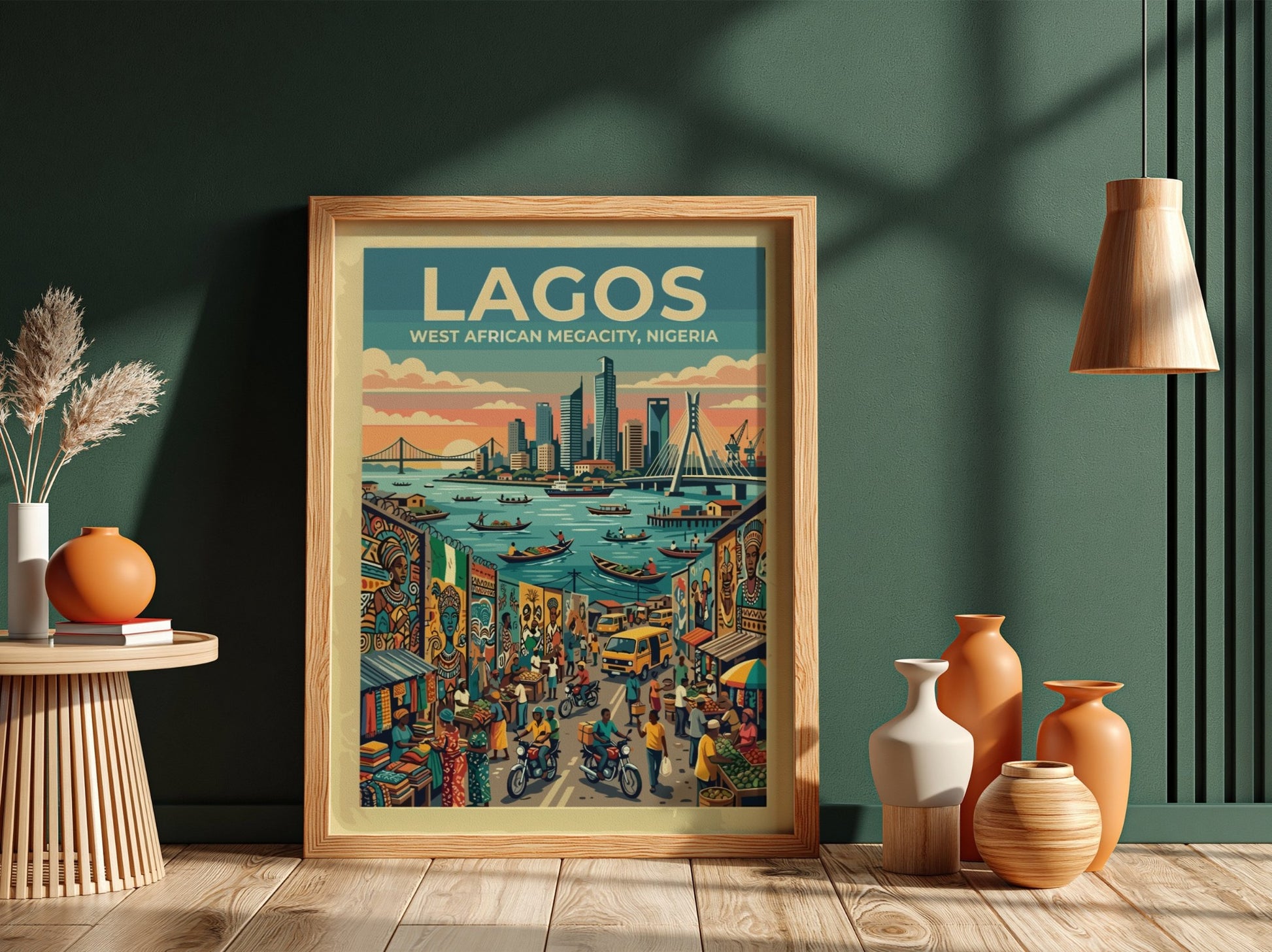 Travel poster of Lagos Nigeria featuring a bustling city harbor and busy streets