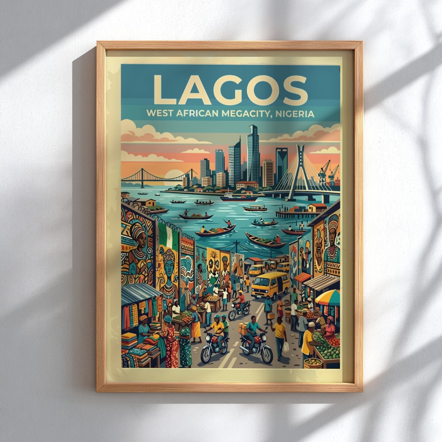 Travel poster of Lagos Nigeria featuring a bustling city harbor and busy streets