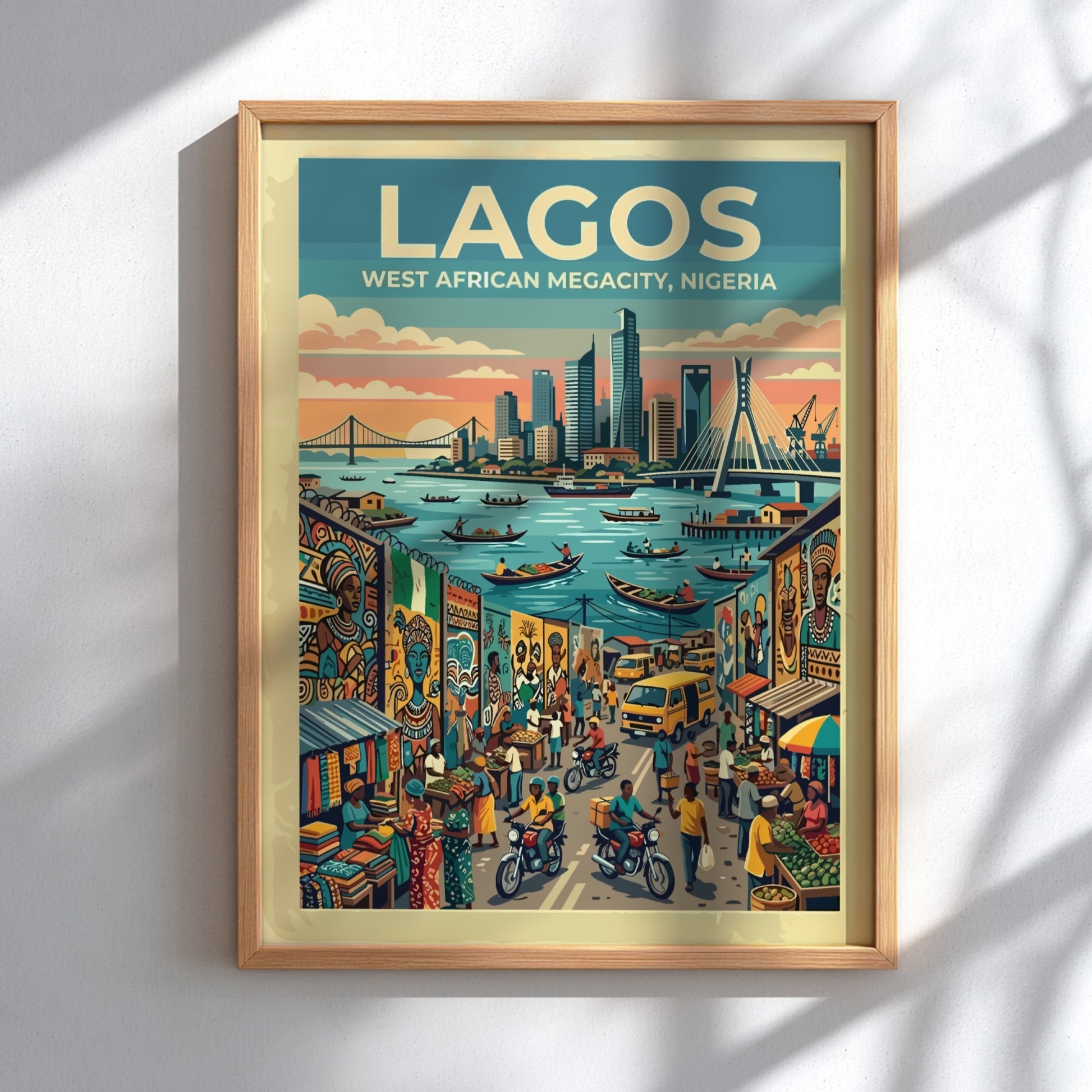 Travel poster of Lagos Nigeria featuring a bustling city harbor and busy streets
