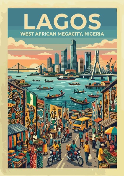 Travel poster of Lagos Nigeria featuring a bustling city harbor and busy streets