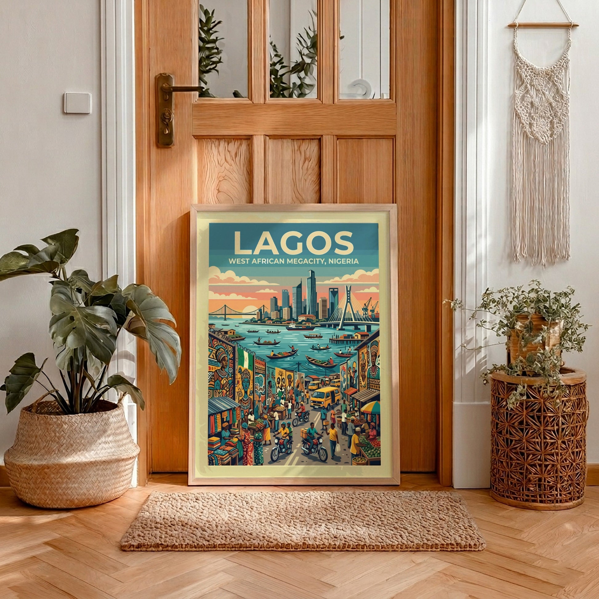 Travel poster of Lagos Nigeria featuring a bustling city harbor and busy streets