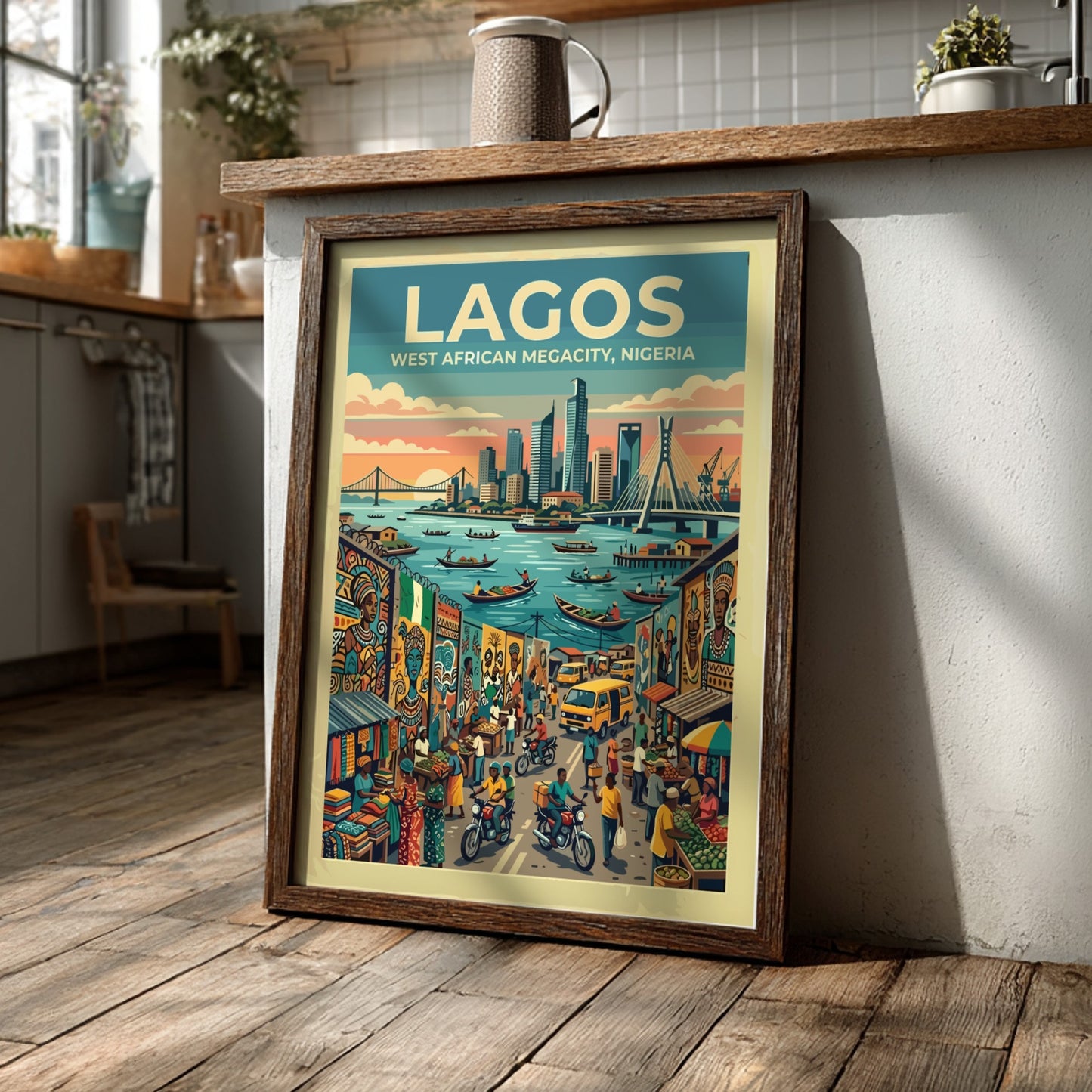 Travel poster of Lagos Nigeria featuring a bustling city harbor and busy streets