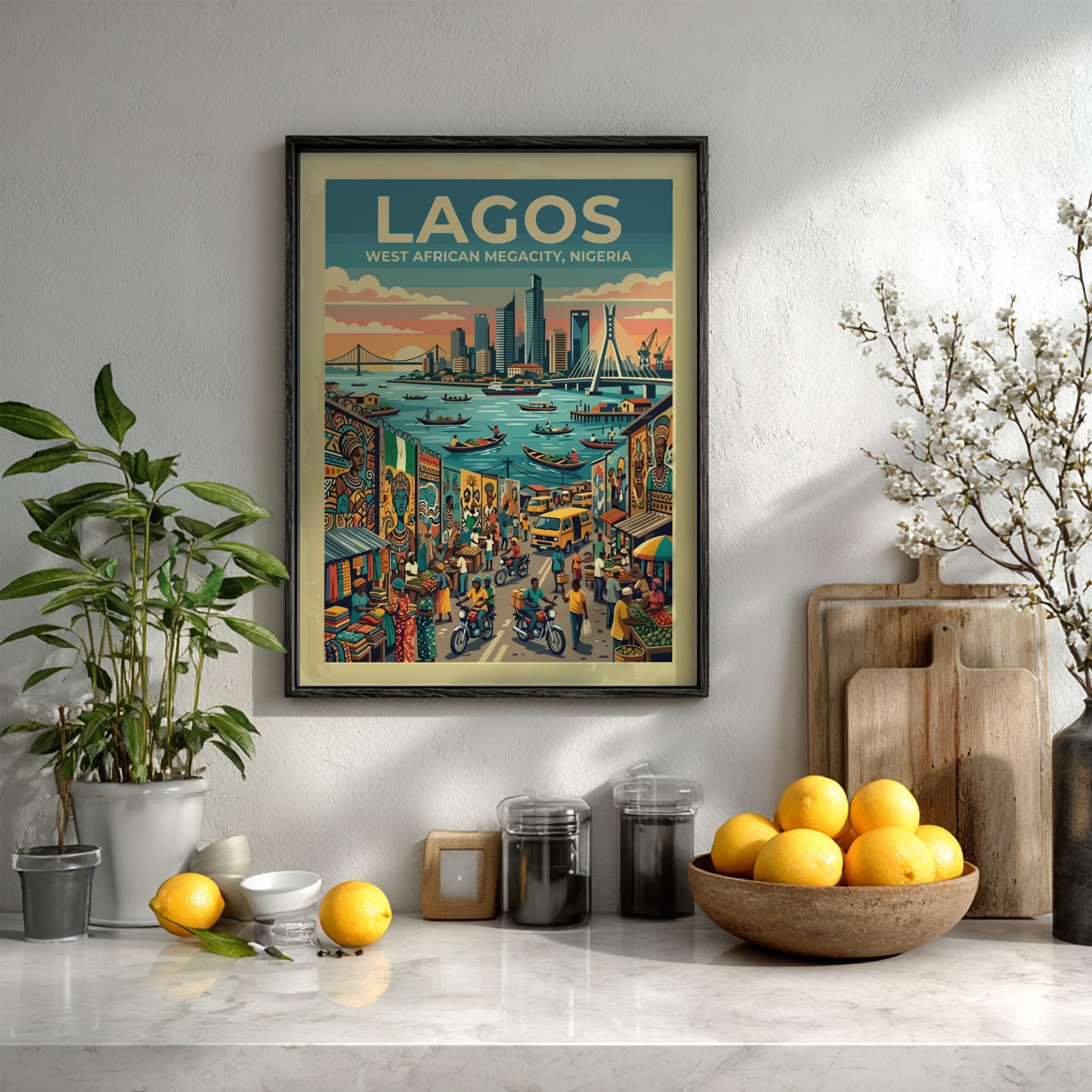 Travel poster of Lagos Nigeria featuring a bustling city harbor and busy streets