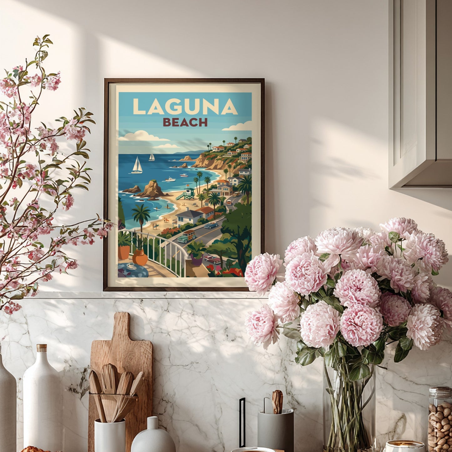 Retro illustration poster of Laguna Beach, featuring a coastal town, beach, and ocean with sailboats.