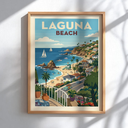 Retro illustration poster of Laguna Beach, featuring a coastal town, beach, and ocean with sailboats.