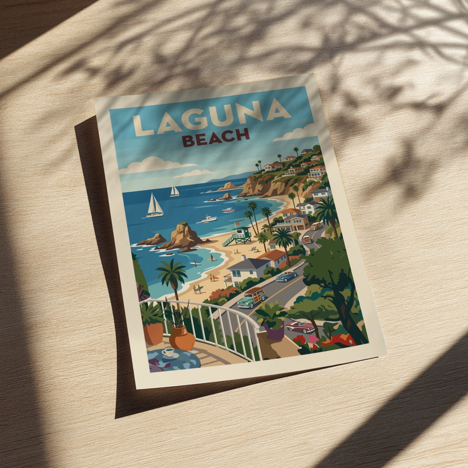 Retro illustration poster of Laguna Beach, featuring a coastal town, beach, and ocean with sailboats.