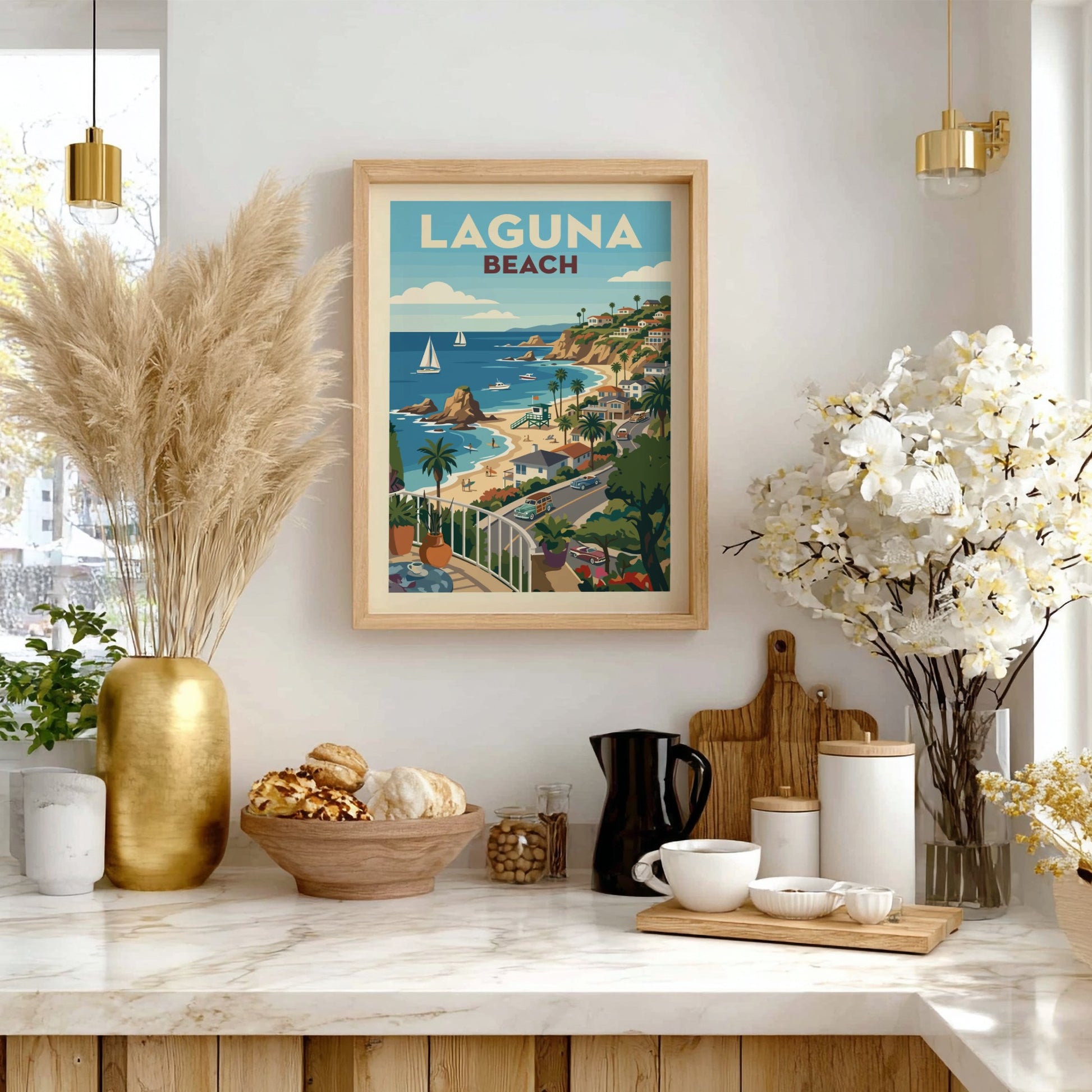 Retro illustration poster of Laguna Beach, featuring a coastal town, beach, and ocean with sailboats.