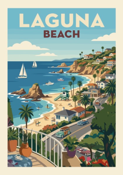 Retro illustration poster of Laguna Beach, featuring a coastal town, beach, and ocean with sailboats.