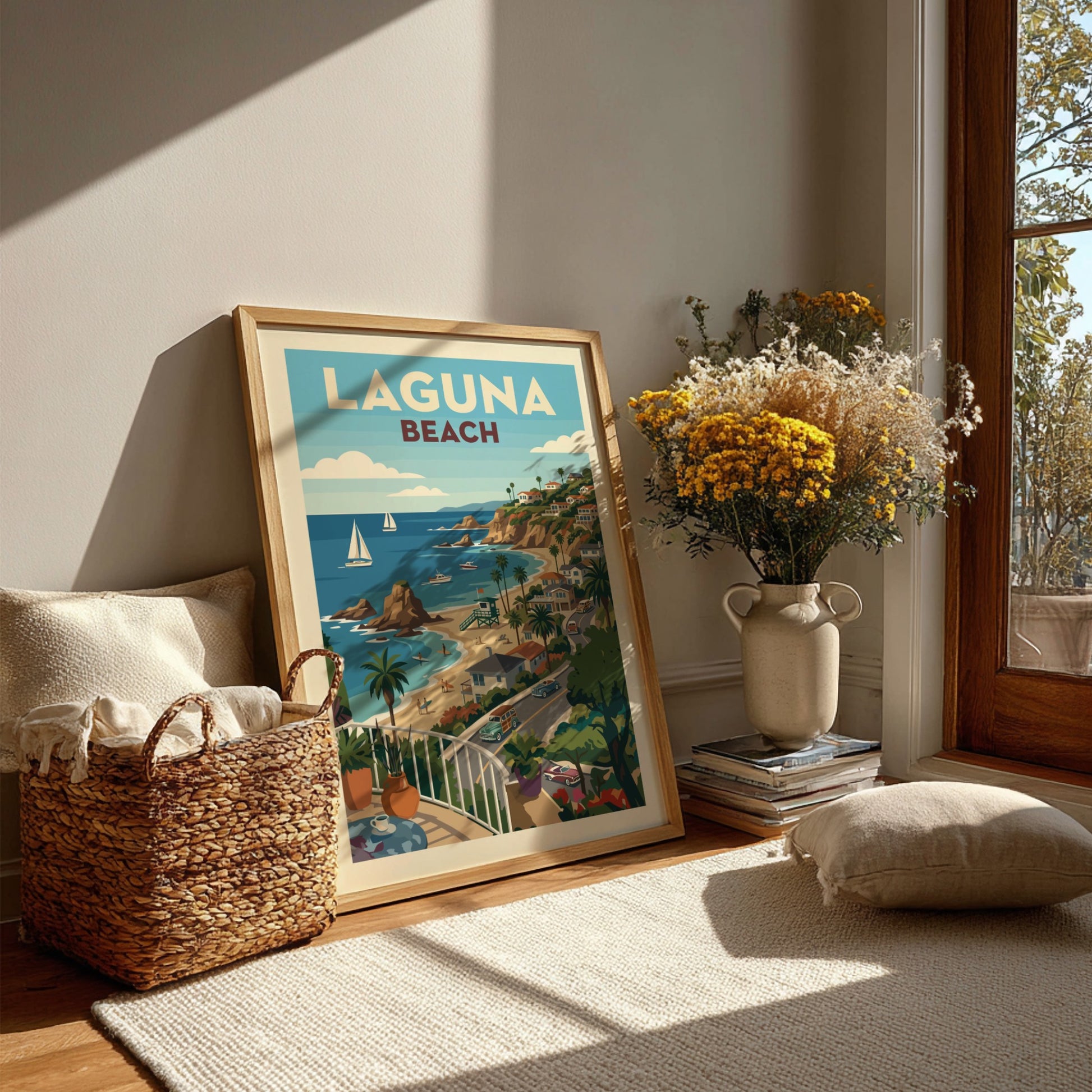 Retro illustration poster of Laguna Beach, featuring a coastal town, beach, and ocean with sailboats.